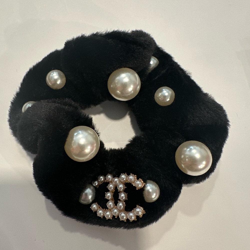 Chanel Black Faux Fur Hair Scrunchie with Pearls